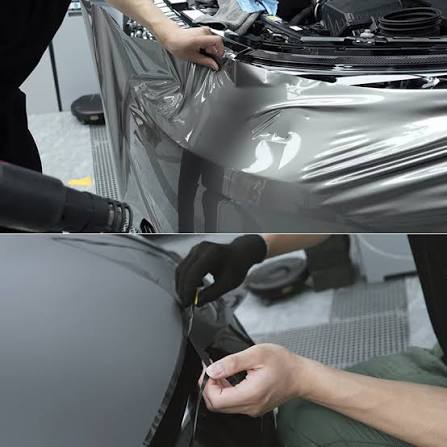 Premium vinyl wrap being installed on a car